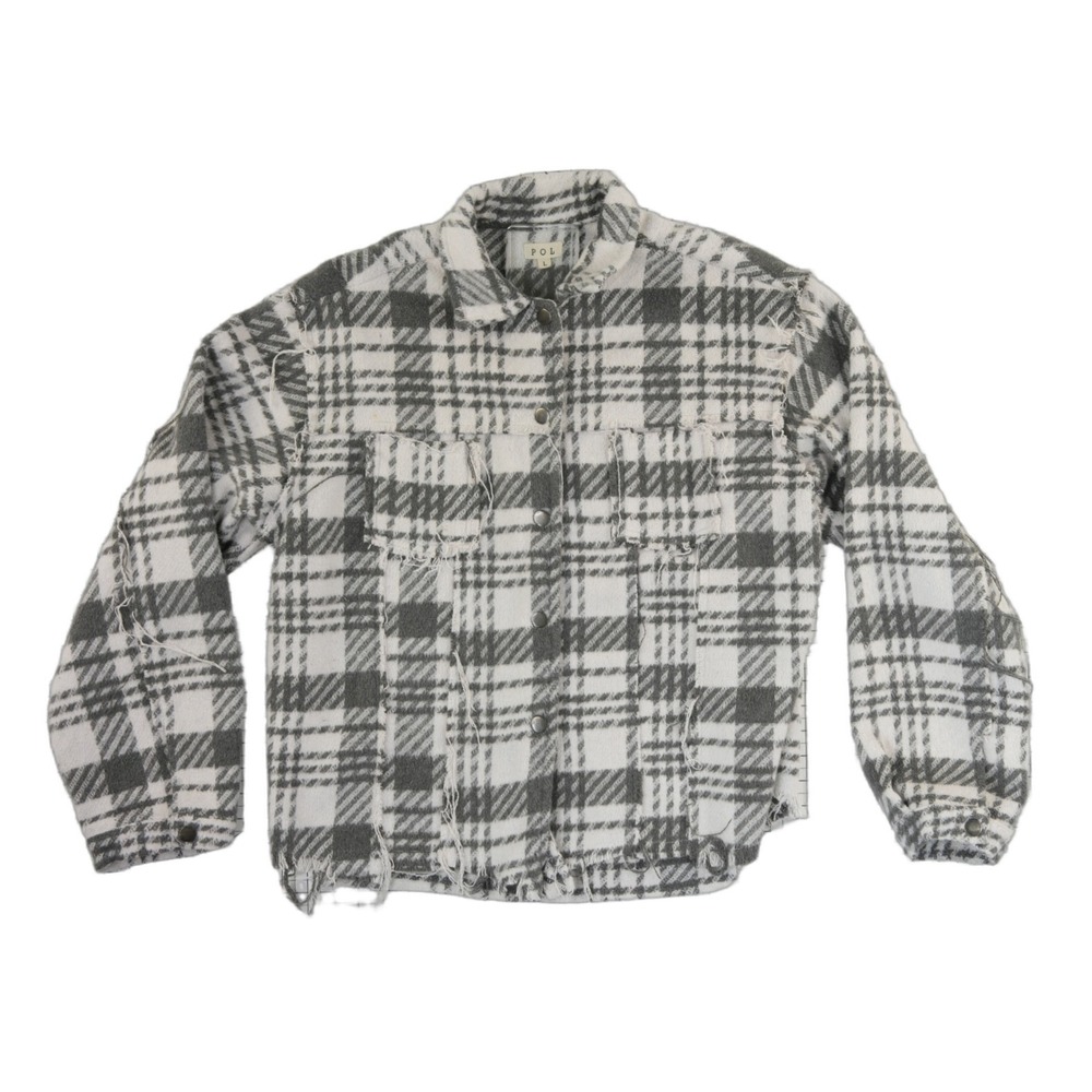 POL Anthropologie Shacket Jacket Women's Size Large Grey White Plaid Top - Picture 2 of 8